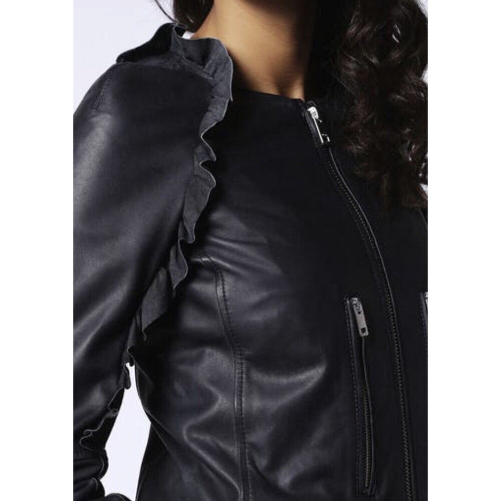 DIESEL Women's LEATHER JACKET Charcoal Gray L’HEZE Ruffle Detail NWT - Picture 10 of 10